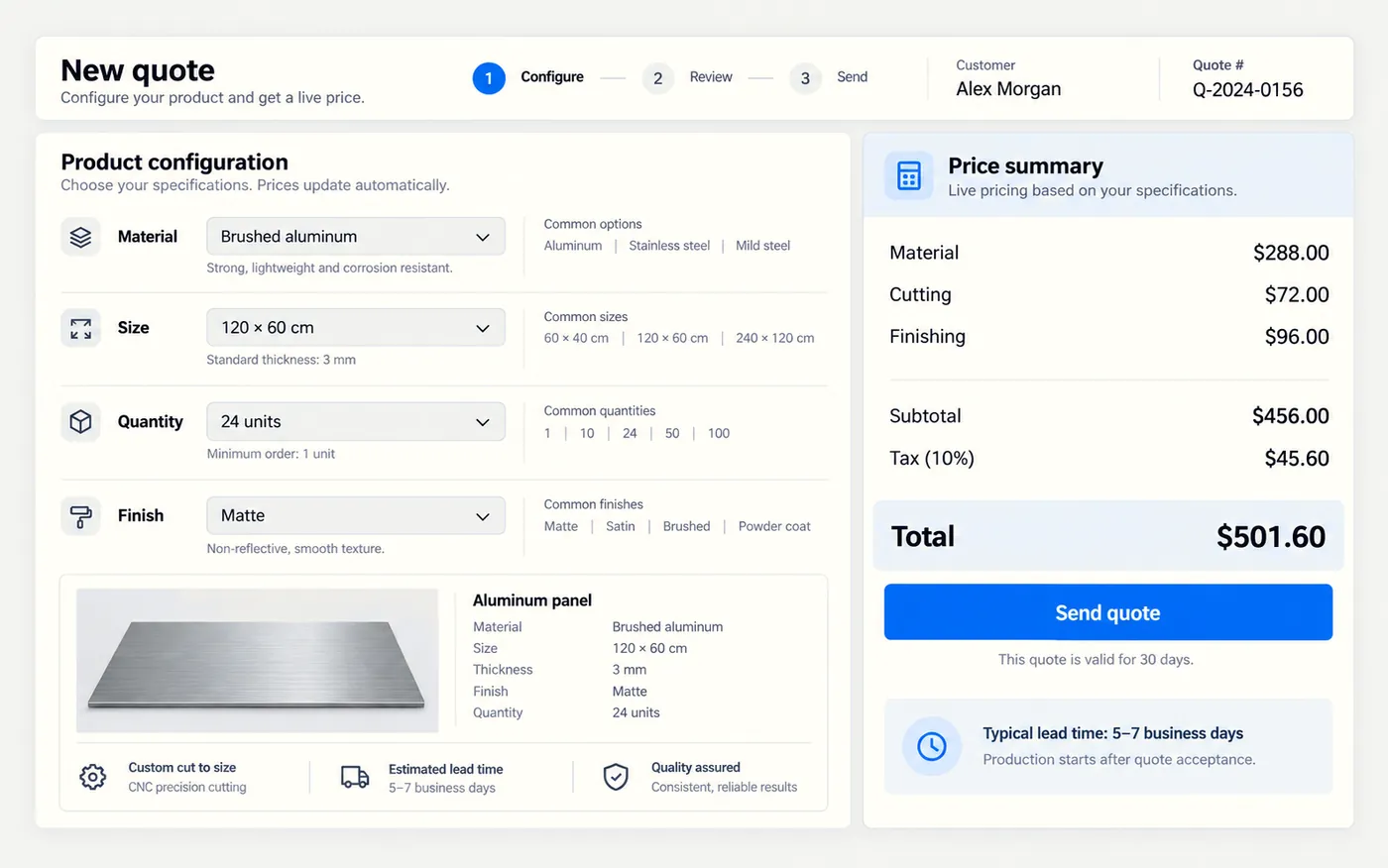 A quote builder with fields for material, size and finish beside a live price summary