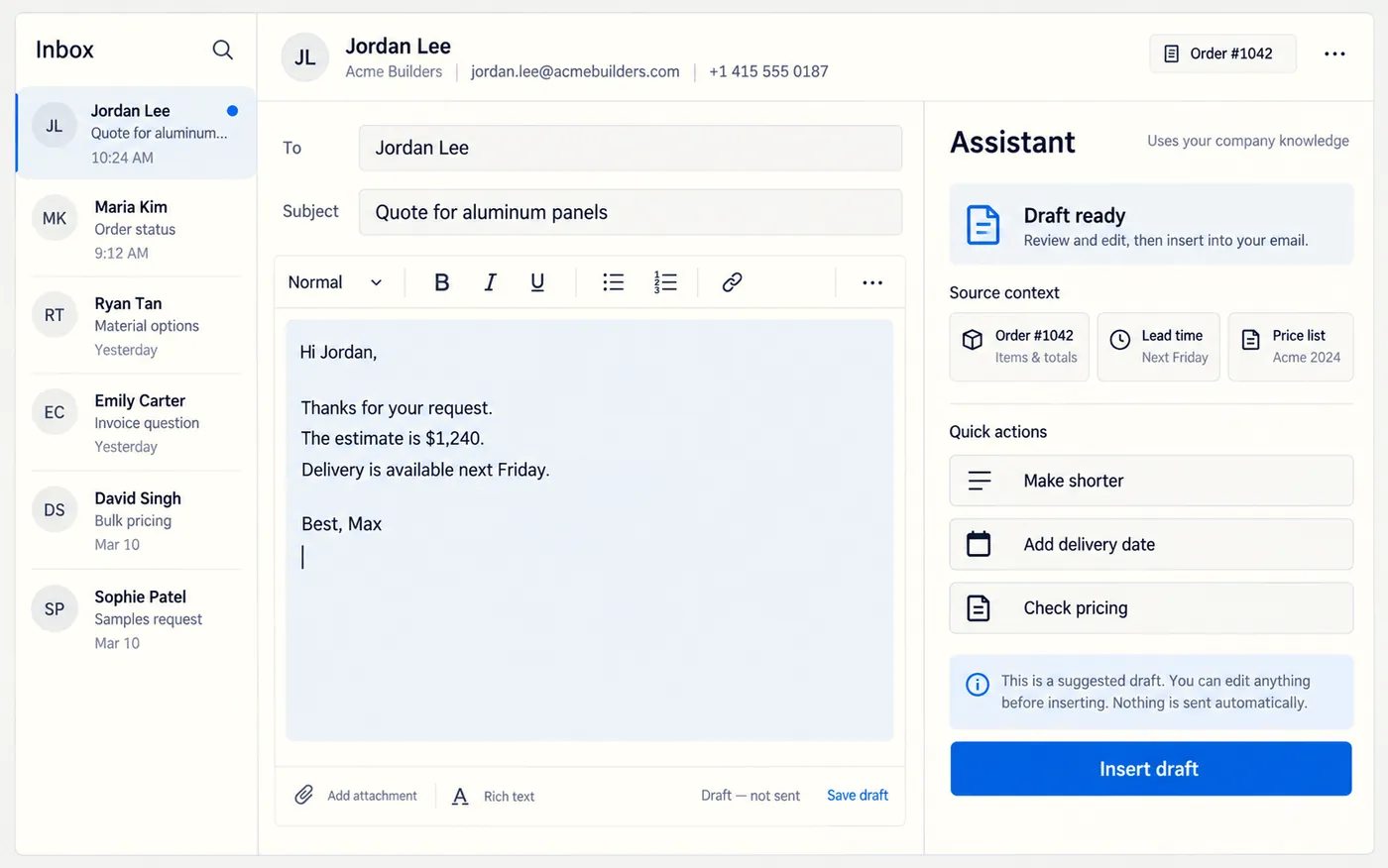 A customer reply being drafted with an assistant panel alongside it