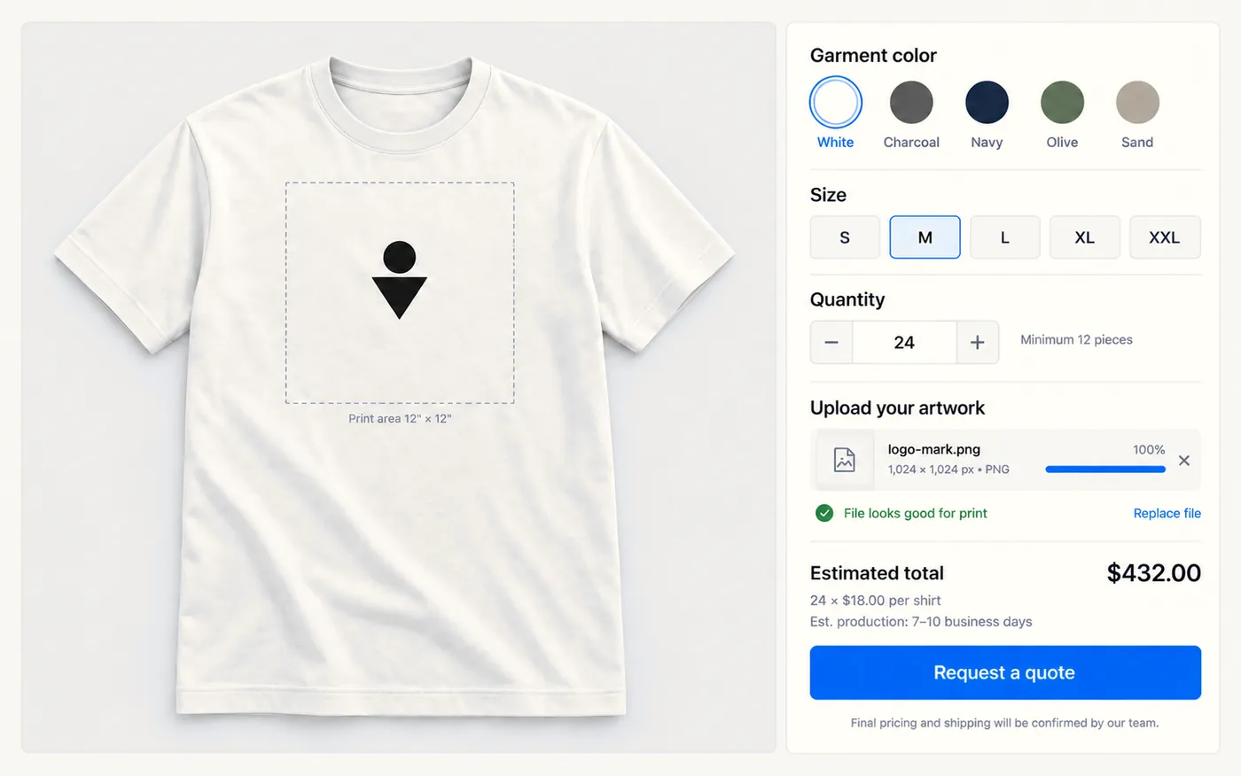 A product customiser showing a t-shirt with uploaded artwork, colour swatches, quantity and a live estimated total