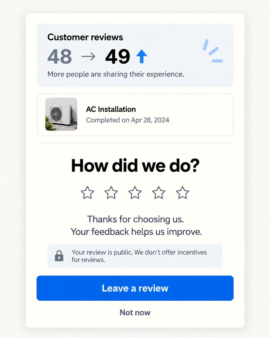 A phone-width screen asking a customer to leave a review after a completed job, with one button and a note that reviews are public and not incentivised