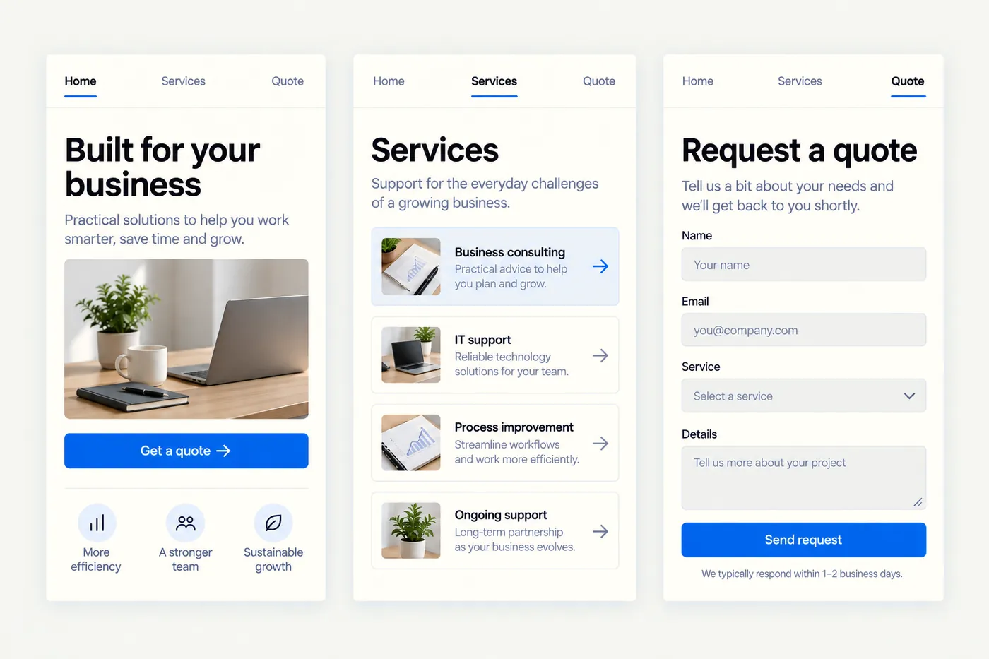 Three phone-width screens: a homepage, a service page with a short list, and a quote request form