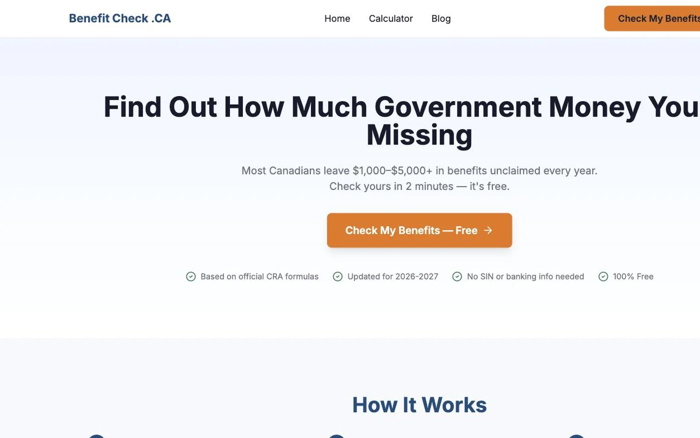 The BenefitCheck.ca benefits calculator open on a desktop browser