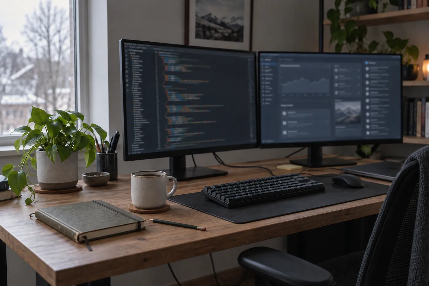 A desk with two monitors showing code and a dashboard, a mechanical keyboard, a notebook and a coffee mug, lit by grey daylight from a window