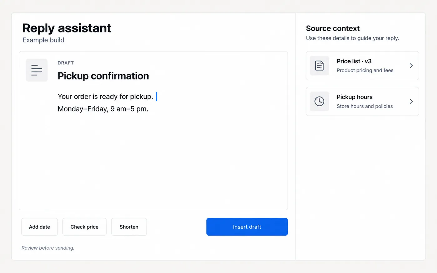 Close crop of an assistant panel offering three suggested actions