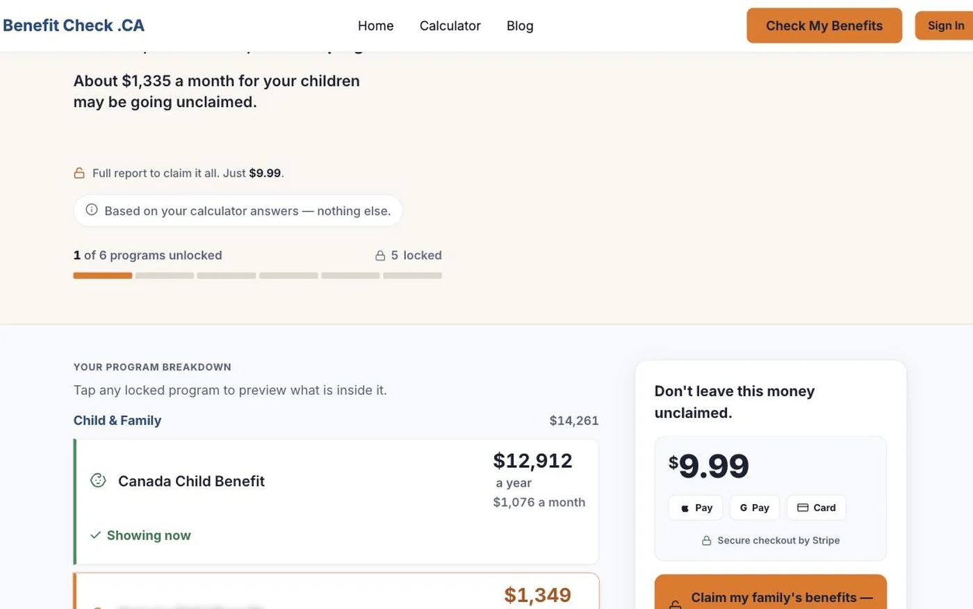 A BenefitCheck.ca results page listing estimated benefit amounts for a household