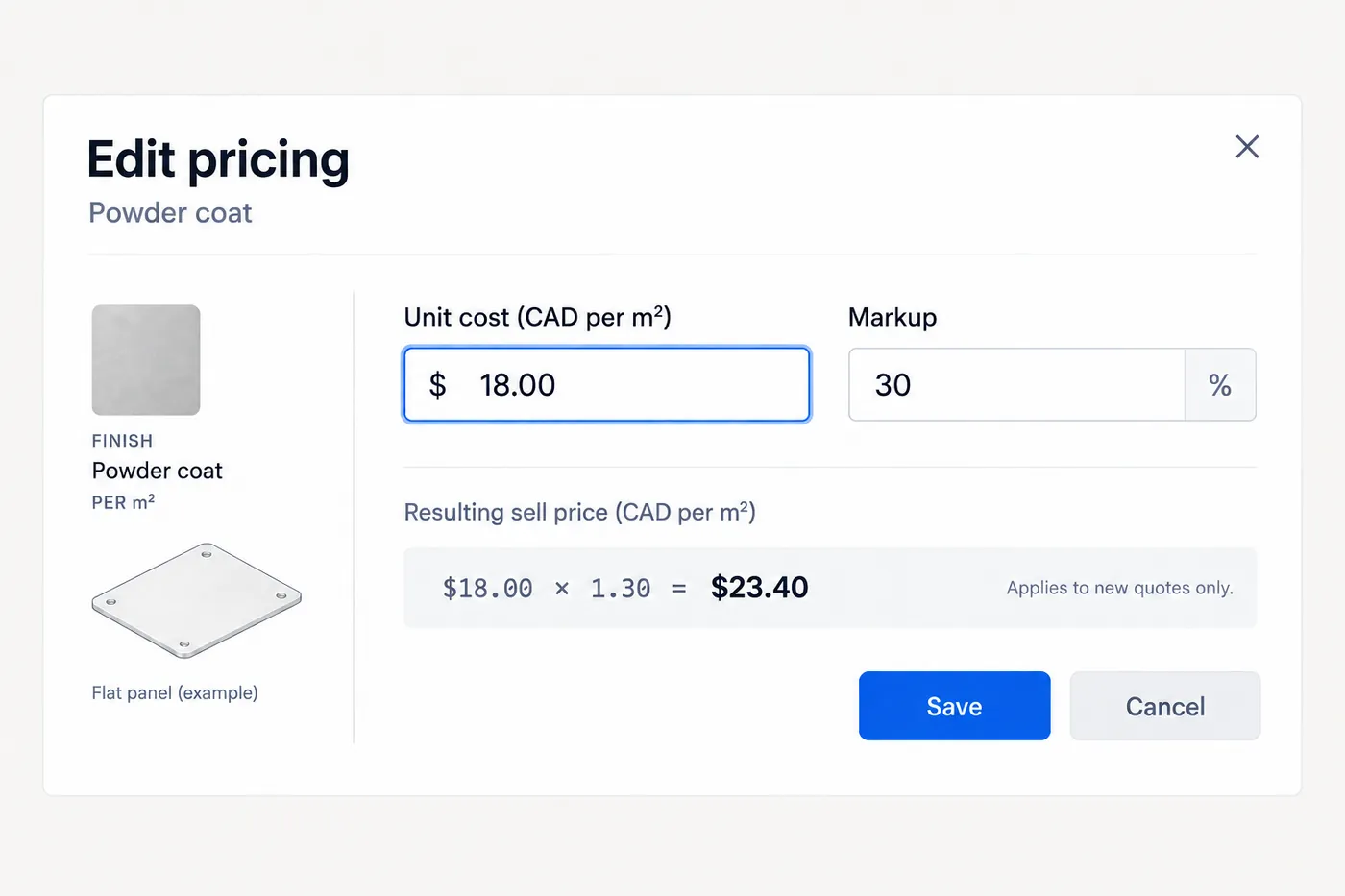 Close view of a pricing rule being edited, showing a finish, a unit cost and a markup field