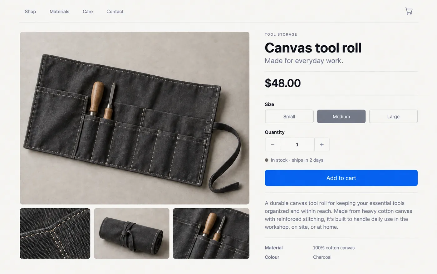 An online store product page with options, stock status, price and a cart panel