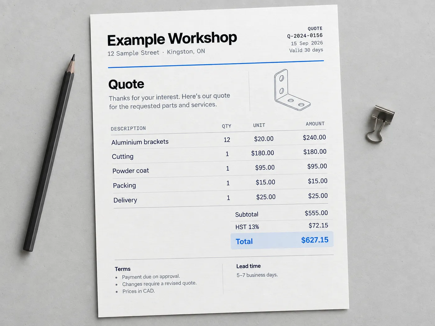 A printed quote lying on a desk, showing line items, a total, a validity date and terms