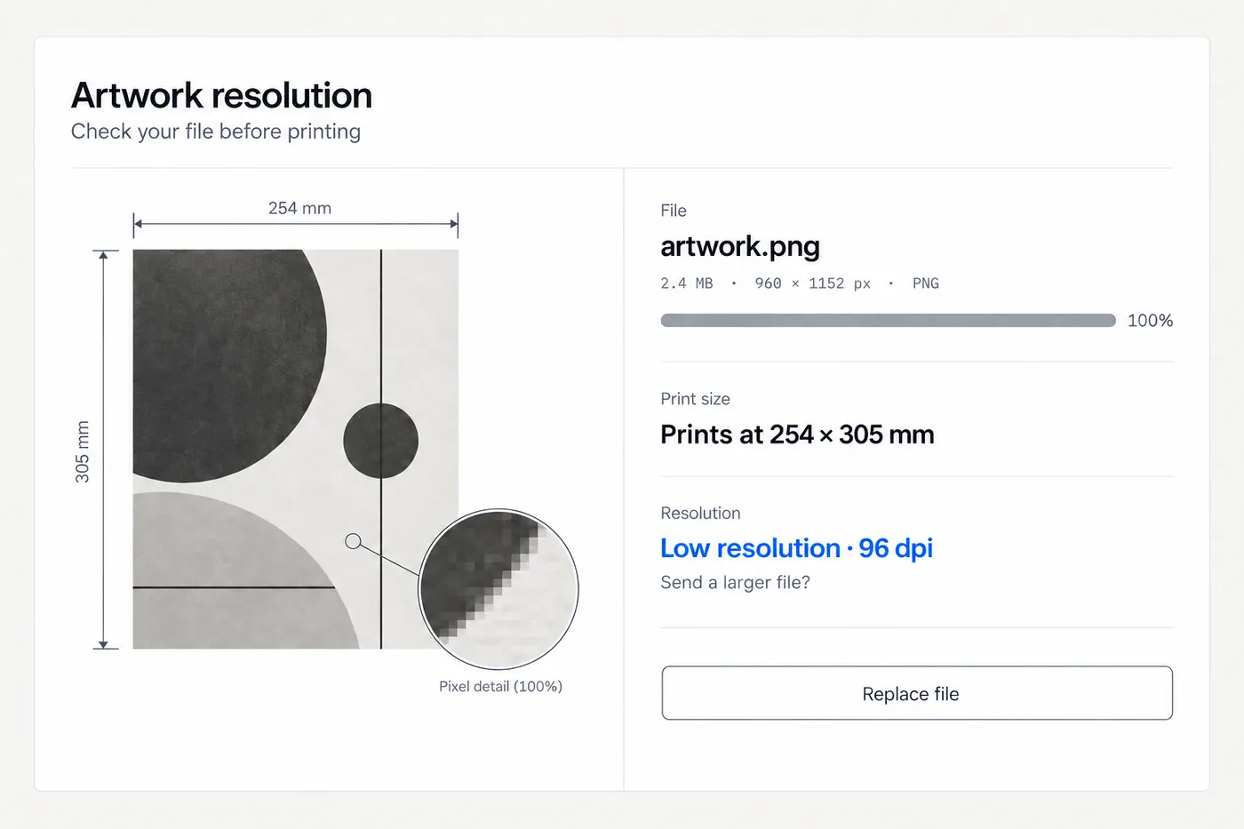 Close view of an artwork upload showing a resolution warning and the size the file will print at