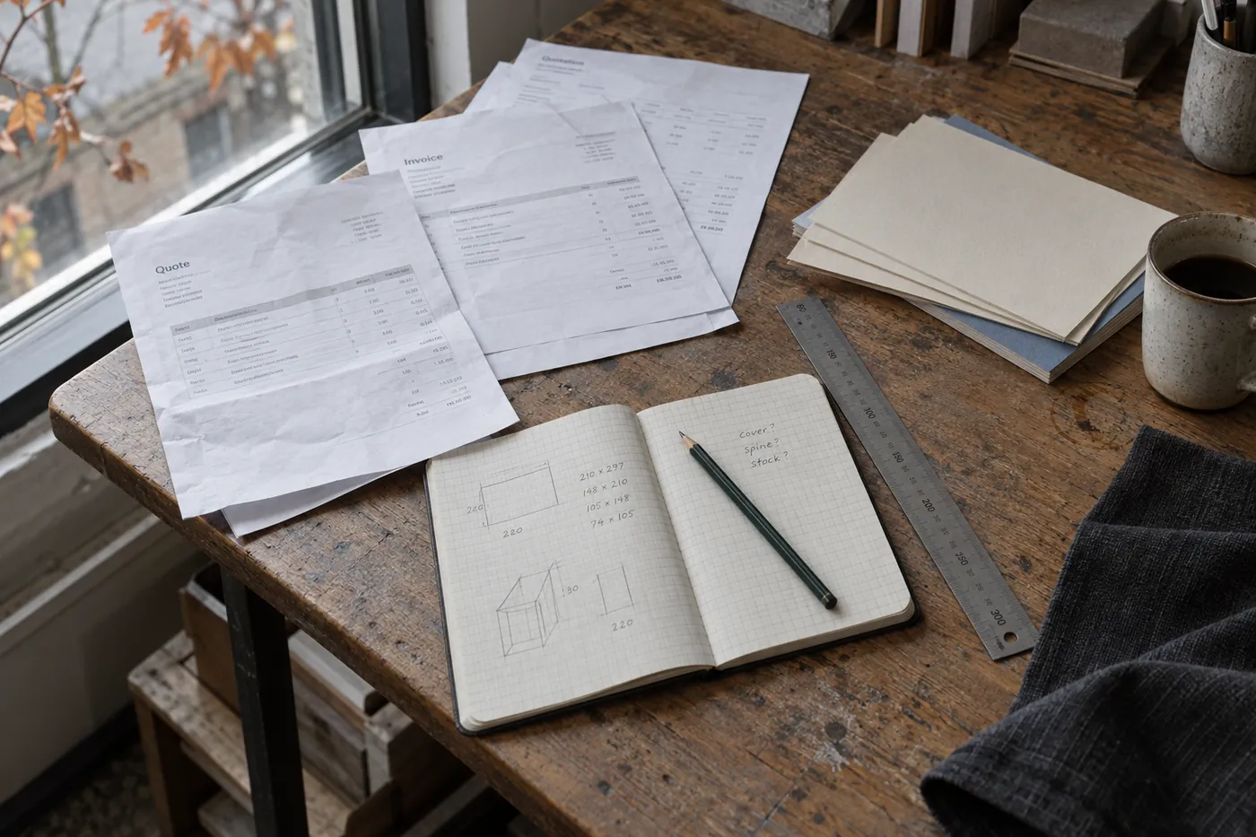 Printed quotes, invoices and a notebook spread across a desk in grey daylight